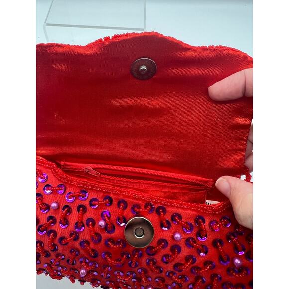 Evening Formal Wedding Red Purple Sequin Barrel Snap Purse Red Hat Ladies - Picture 6 of 9